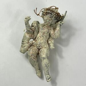 Vintage Glitter Cherub Angel Ornament 5.5" Composite Holiday Decoration Wings